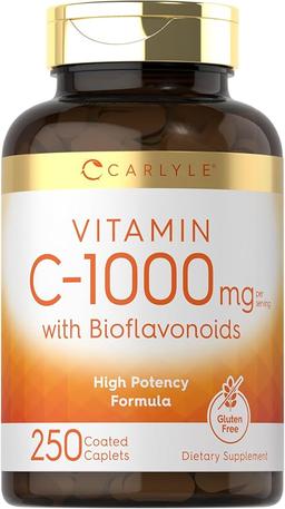 Carlyle Vitamin C 1000mg with Bioflavonoids | 250 Capsules | with Rose Hips | Vegetarian, Non-GMO, Gluten-Free Supplement
