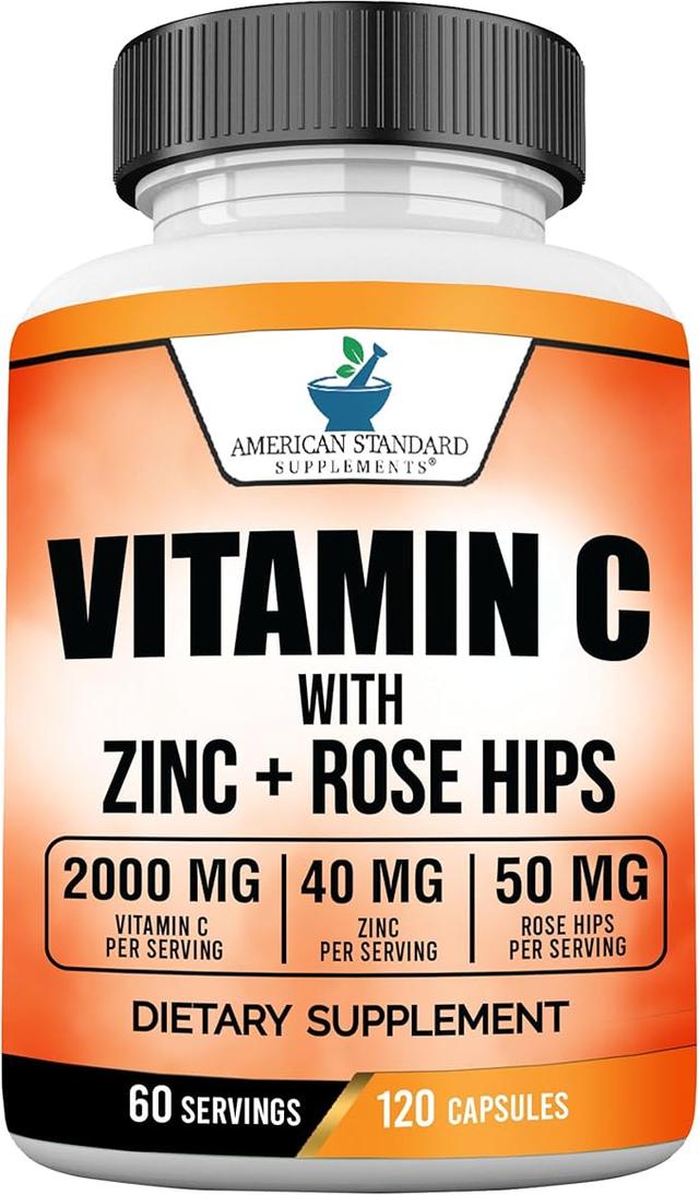 American Standard Supplement Vitamin C 2000mg, Zinc 40mg and Rose Hip 50mg per Serving – Vegan, Gluten Free, Non-GMO (120 Count) product image