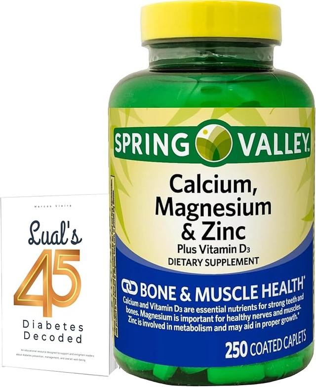 Calcium, Magnesium, Zinc & Vitamin D3. Spring Valley Calcium Magnesium Plus Vitamin D3 Capsules Dietary Supplement, 250 Capsules (includes Rueals 45 Diabetes Diagnostic Kit) product image