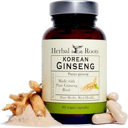 Herbal Roots Panax Ginseng | Organic Korean Ginseng Root Powder | 1000mg | High Ginsenoside for Energy and Performance | 60 Vegan Capsules