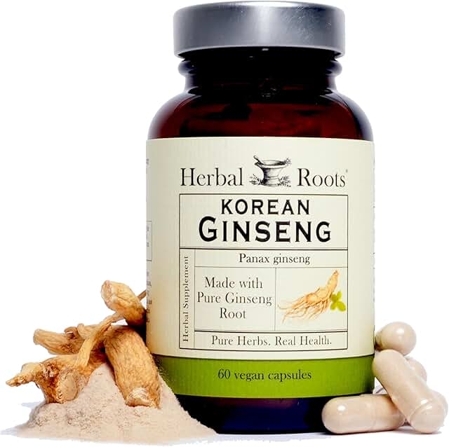 Herbal Roots Panax Ginseng | Organic Korean Ginseng Root Powder | 1000mg | High Ginsenoside for Energy and Performance | 60 Vegan Capsules product image