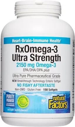 Natural Factors, Ultra Strength RxOmega-3 Fish Oil, High Potency Formula, 2,150 mg Omega-3 per Serving, No Fishy Aftertaste, 150 Softgels