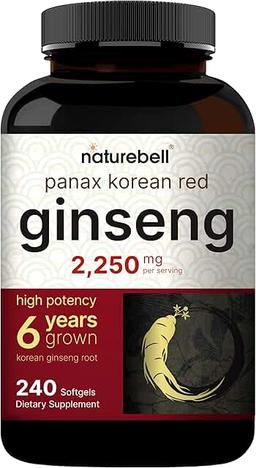 NatureBell Korean Red Ginseng 2,250mg per Serving, 240 Softgels | Ginseng Root, Standardized to 10% Ginsenosides, Non-GMO, Supports Energy, Male Function and Immune System