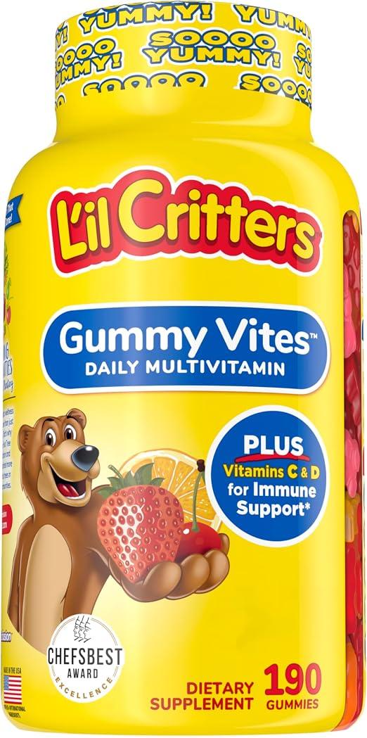 L'il Critters Gummy Vites Daily Kids Multivitamins Assorted Fruit Flavors for Ages 2+ Toddlers & Kids, Gummy Vitamin with Vitamin C and D, 95-190 Day Supply, 190 Gummies product image