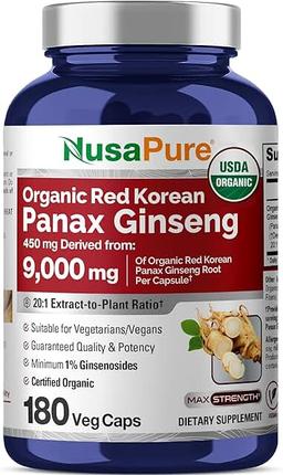 NusaPure Red Korean Panax Ginseng 20:1 Extract, 450mg 9,000mg 180 Vegetable Capsules (USDA Organic, GMO-Free, Vegan, Vegetarian, BioPerine)