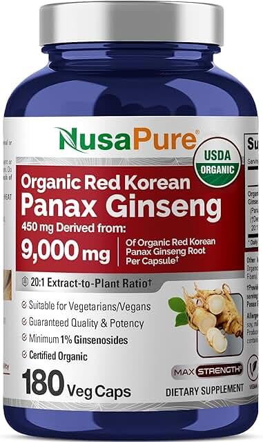 NusaPure Red Korean Panax Ginseng 20:1 Extract, 450mg 9,000mg 180 Vegetable Capsules (USDA Organic, GMO-Free, Vegan, Vegetarian, BioPerine) product image