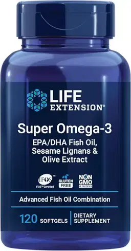 Super Omega-3 EPA/DHA Fish Oil with Sesame Lignans and Olive Extract - Heart and Brain Health - Inflammation and Cholesterol Management - Gluten Free, Non-GMO - Lemon Flavor Softgels 120 Count