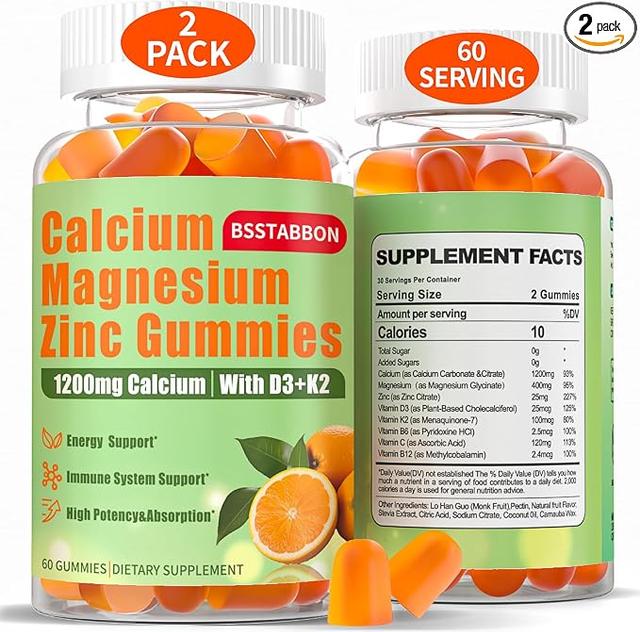 Adult Calcium Magnesium Zinc Gummy: 1200mg Calcium Citrate, 400mg Magnesium Glycinate, with D3 B12 – Sugar-Free High Absorption Supplement (For Women, For Men) (60 Gummies (2 Pack)) product image