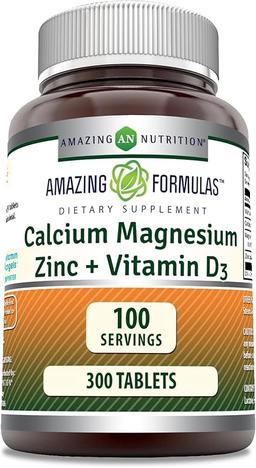 Amazing Formulas Calcium Magnesium Zinc D3 - 300 Tablets Per Bottle Supplement (Calcium 1000mg - Magnesium 400mg - Zinc 25mg Plus Vitamin D3 600 IU - Per 3 Tablet Serving)