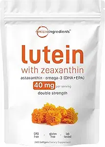 Micro Ingredients Lutein & Zeaxanthin 40mg Softgels, 240 Count, with Astaxanthin, Omega-3 and Phospholipids | Eye + Vision Health Vitamin | Third Party Tested, Non-GMO, Gluten Free product image