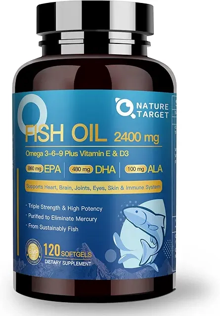NATURE TARGET Triple Omega 3 6 9, Fish Oil 2400mg Softgels with Vitamin D3 and E - EPA and DHA and ALA - Supports Heart, Brain, Joint and Immune Health, Sustainably Sourced, Non-GMO product image