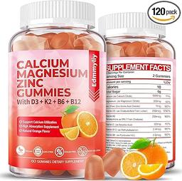 Sugar-Free Calcium Magnesium Zinc Supplement Gummies with Vitamin D3 and B12, High-Absorption Calcium Magnesium Supplement for Women and Men for Bone and Tooth Strength, Muscle and Immune Support (120 Count)