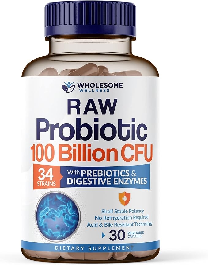 Wholesome Wellness Organic Raw Probiotics 100 Billion CFU, Dr Formulated for Women and Men, Complete Adult Supplement with Prebiotics and Digestive Enzymes; 30 Capsules, Shelf Stable product image