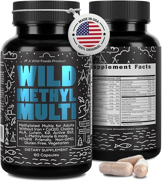 Wild Methylated Multivitamin for Women & Men | Daily Multi Vitamin | MTHFR Supplement Without Iron | Methylated B12, Folate, Vitamin C, A, K2, D, E, Choline, Biotin, ALA, CoQ10 & More (60 Capsules) product image