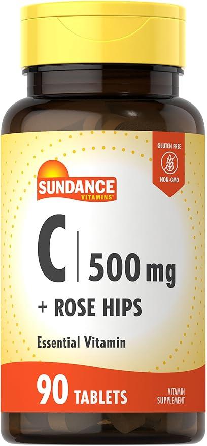 Sundance Vitamin C with Rose Hip | 500mg | 90 Veggie Tablets | Essential Vitamin | Vegetarian, Non-GMO and Gluten Free Supplement product image