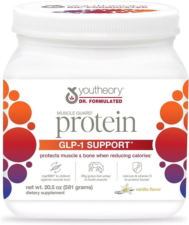 Youtheory Muscle Guard Protein GLP-1 Support - Whey Protein Powder Supplement - For GLP-1 Users - Muscle and Bone Support - Contains myHMB, Calcium and Vitamin D - 581.2g (20oz) Powder product image