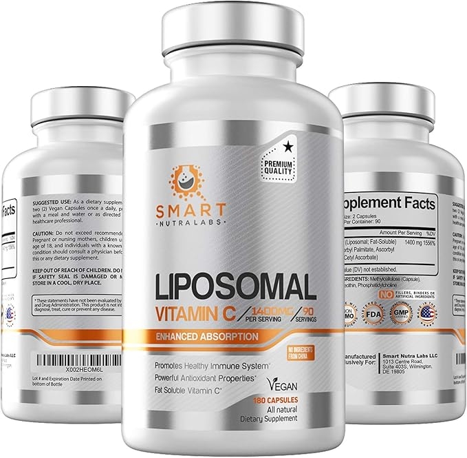 Liposomal Vitamin C 1400mg - Vegan Capsules 180 Count - China-Free Ingredients, Fat-Soluble High-Absorption Vitamin C - Supports Healthy Immune System & Collagen Booster - Powerful Antioxidant Support Supplement product image