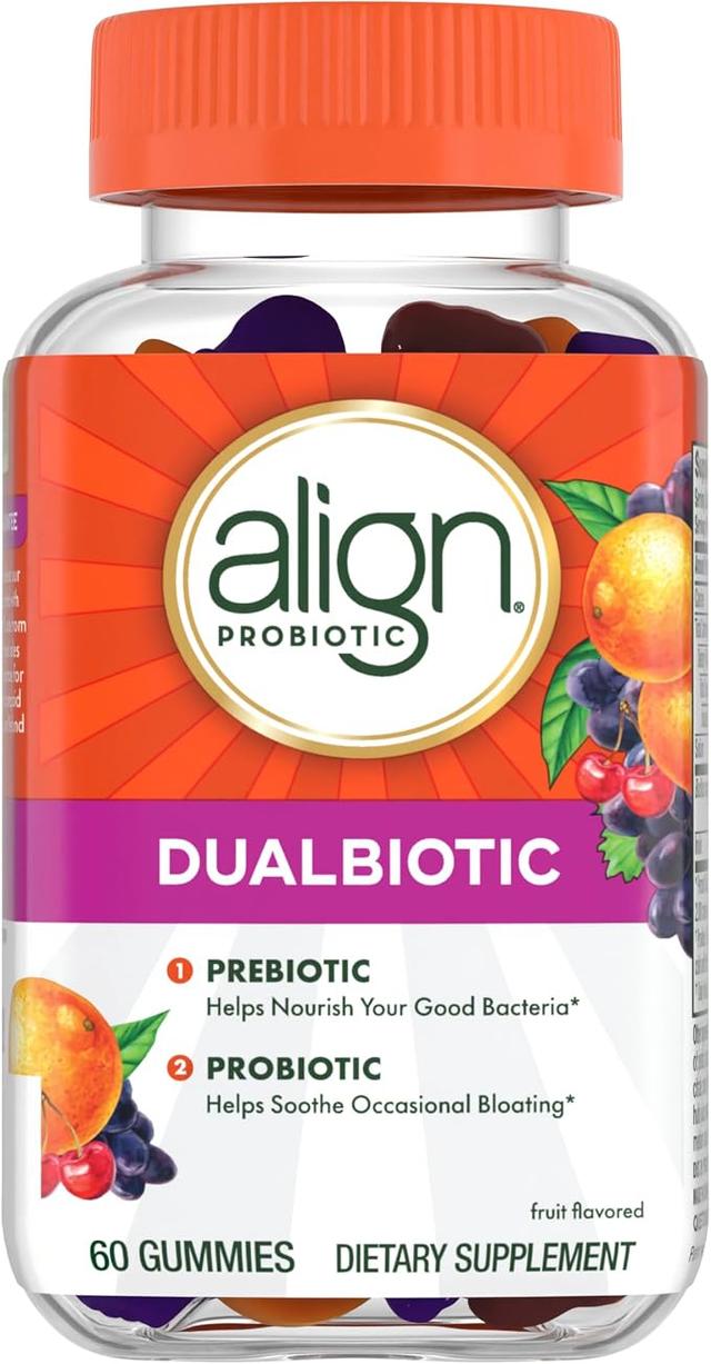 Align Dualbiotic, Prebiotics and Probiotics for Women and Men, Probiotics for Digestive Health, Prebiotics Help Nourish Good Bacteria, Natural Fruit Flavors, 60 Probiotic Gummies product image
