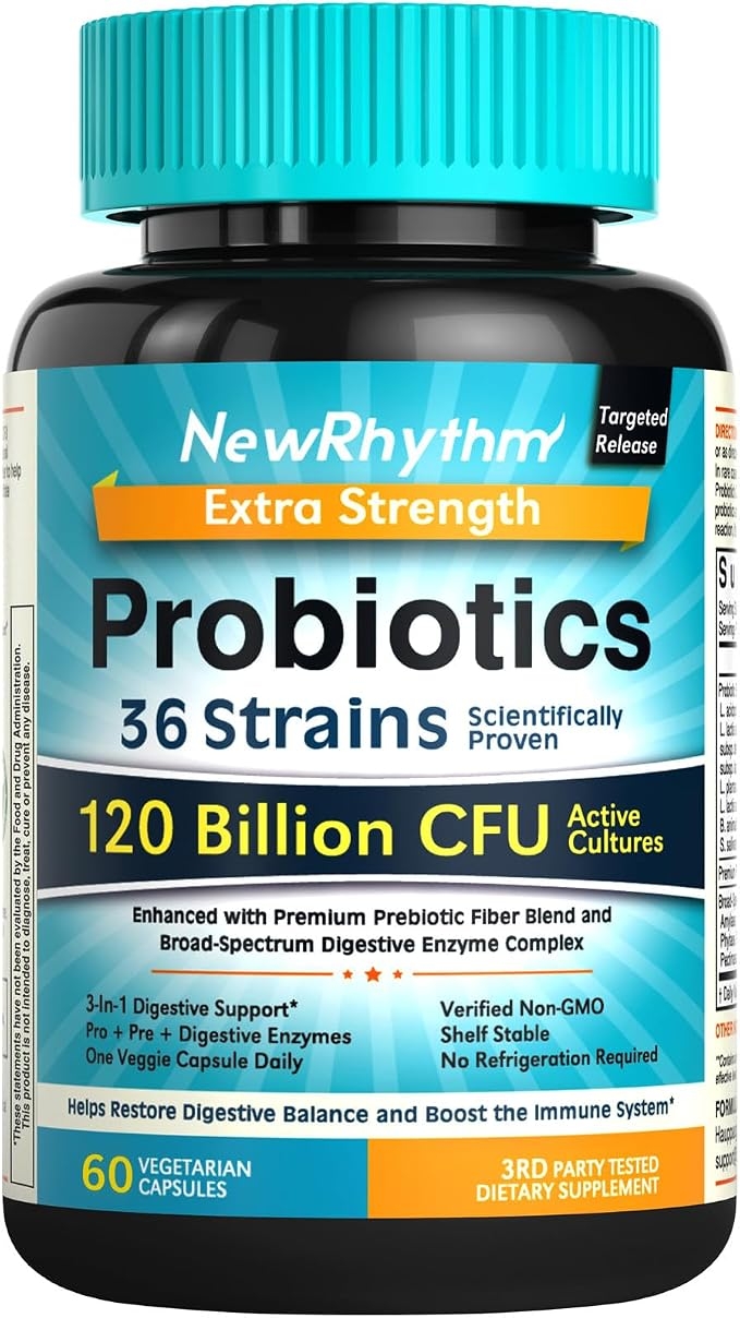 NewRhythm Probiotics 120 Billion CFU 36 Strains, 3-in-1 Probiotics for Digestive Health & Immune Support with Prebiotics & Enzymes, Probioticos for Women & Men, Targeted Release, 60 Veggie Caps product image