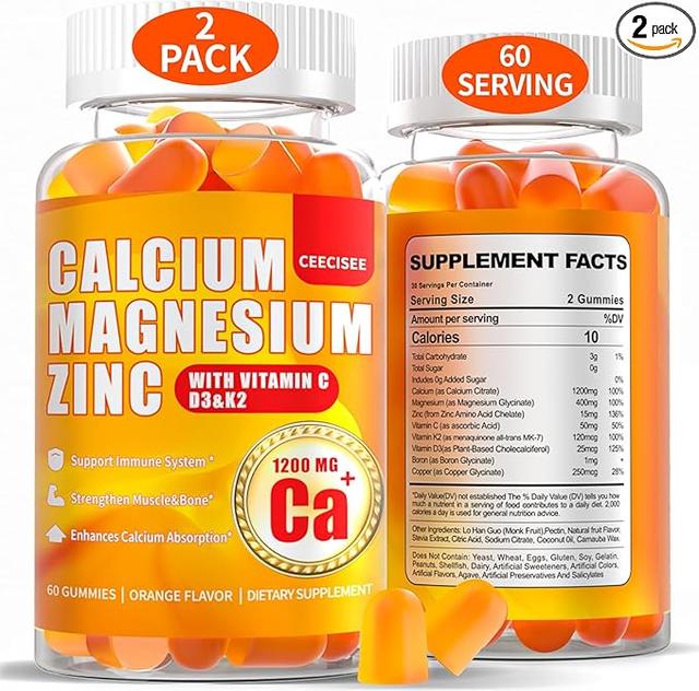 Calcium Magnesium Gummies for Women/Men: With Vitamin C, D3, K2, 1200mg Calcium Citrate Zinc Gummies - Vegan Sugar-Free Chewable High-Absorption Energy Immune Support Supplement (120 Count) product image