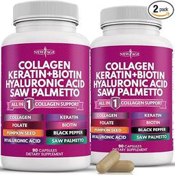 NEW AGE Collagen Pills with Biotin, Keratin, Saw Palmetto, and Hyaluronic Acid - Hair, Skin and Nail Vitamin and DHT Blocker, Contains Vitamin E, Folic Acid, Pumpkin Seed, and MSM - 180 Count