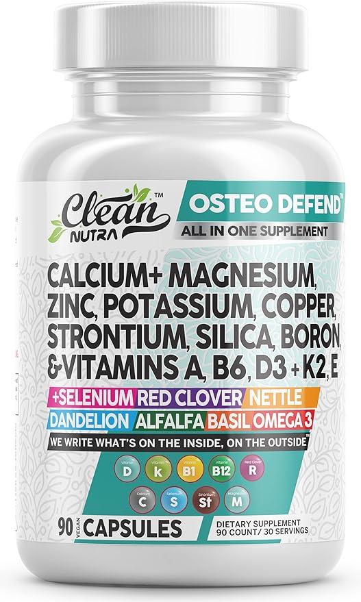 Clean Nutraceuticals Calcium, Magnesium, Zinc Supplement (with Potassium, Copper, Strontium, Silica, Vitamin D3, K2, Boron, Vitamin B1, B12) Red Clover Herb Alfalfa Basil Tablets (for Men and Women) product image