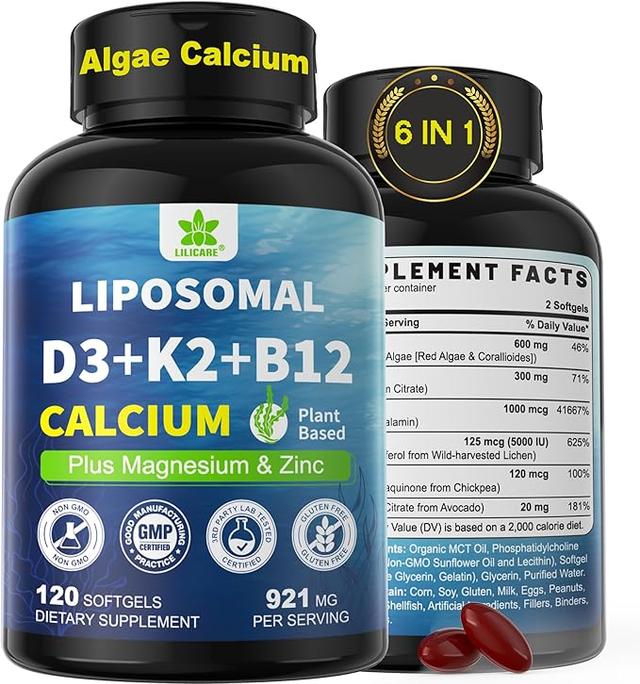 6-in-1 Plant-Based Calcium Supplement for Women and Men - Calcium 600mg, Vitamin D3, K2, 5000IU, Liposomal and Algae Calcium, Magnesium, Zinc + Vegan Vitamin D 5000IU + K2 MK7 for Bone Health + Methyl B12, 1 Pack product image