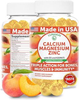 Lunakai USA Calcium Gummies with Magnesium, Zinc, Vitamin D3 and K2 for Women, Men and Children - Delicious Calcium, Magnesium, Zinc D3 Supplement for Bone, Muscle and Immune Support, 60 Count