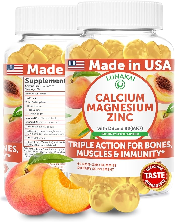 Lunakai USA Calcium Gummies with Magnesium, Zinc, Vitamin D3 and K2 for Women, Men and Children - Delicious Calcium, Magnesium, Zinc D3 Supplement for Bone, Muscle and Immune Support, 60 Count product image