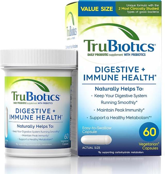 TruBiotics Probiotics for Digestive & Immune Health, Supports Regularity & Helps Relieve Abdominal Discomfort, Gas & Bloating, 2 Clinically Studied Probiotic Strains, Plus Prebiotics, 60 Capsules product image