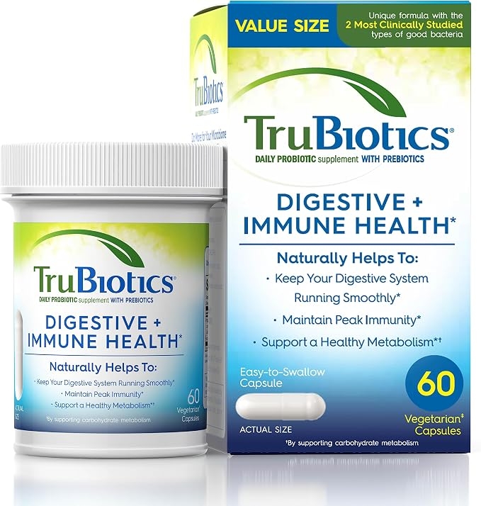 TruBiotics Probiotics for Digestive & Immune Health, Supports Regularity & Helps Relieve Abdominal Discomfort, Gas & Bloating, 2 Clinically Studied Probiotic Strains, Plus Prebiotics, 60 Capsules product image