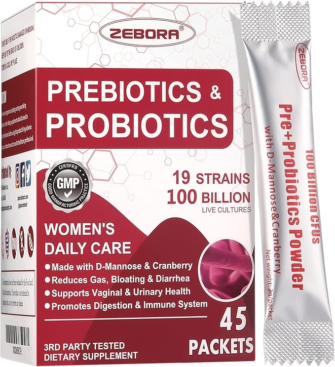 ZERBORA Probiotics for Women 100 Billion CFUs Probiotics and Prebiotics Powder for Gut and Digestive Health, Womens Probiotic with Cranberry, D-Mannose for Urinary Tract Support, 45 Packets product image
