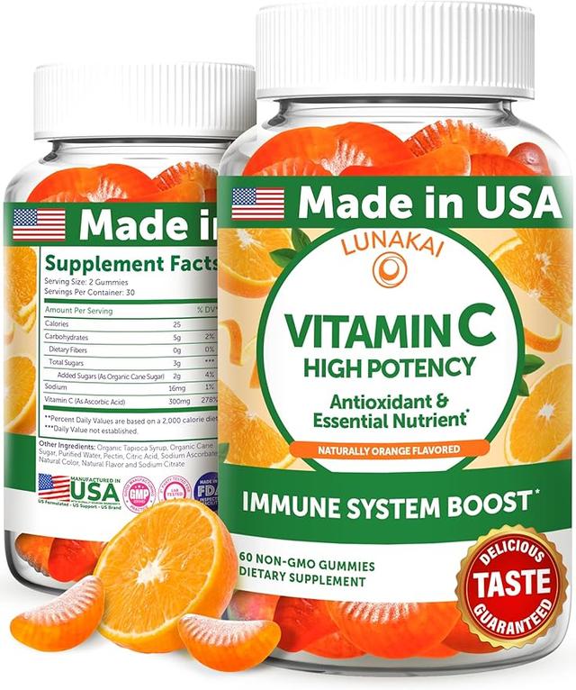 Lunakai USA Made High-Potency Vitamin C Gummies for Adults and Children - 300mg Immune Support - Non-GMO, Vegan, Delicious Orange Flavor, 60ct product image