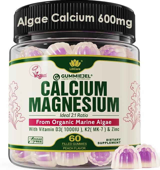 Plant-Based Calcium Gummy 600mg (with Vitamin D3, K2, Magnesium, Zinc) - Bone Strength, Sugar-Free Calcium Supplement for Women and Men (Vegan Certified) - Sustainably Sourced Organic Red Algae - 60 Count product image