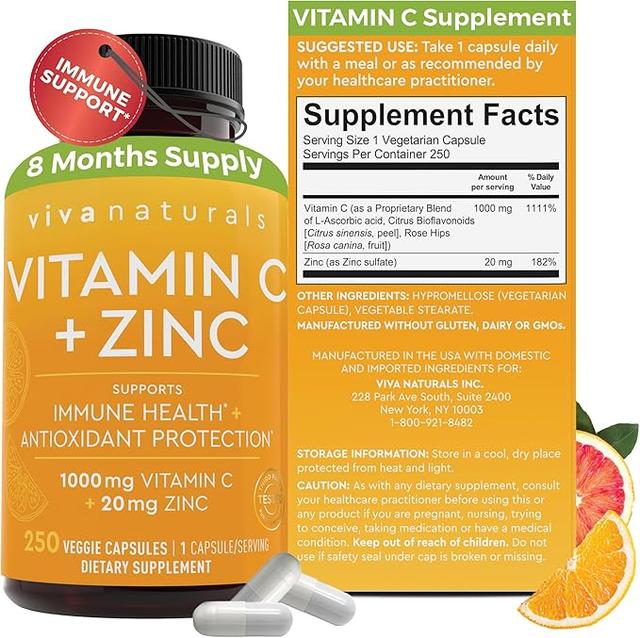 Viva Naturals Vitamin C and Zinc Supplement (250 Capsules) - Vitamin C 1000mg with Zinc 20mg Antioxidant Supplement for Immune Support, Adult Vitamin Supplement product image