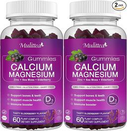 High-Absorption Calcium, Magnesium, Zinc Gummy with Magnesium Glycinate 200mg, Potassium - Plant-Based Calcium Supplement with Vitamin D3 and Sea Moss for Bone, Muscle, Mood, and Sleep Support - Children and Adults (2-Pack)