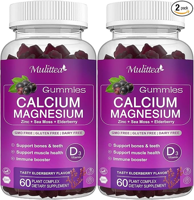 High-Absorption Calcium, Magnesium, Zinc Gummy with Magnesium Glycinate 200mg, Potassium - Plant-Based Calcium Supplement with Vitamin D3 and Sea Moss for Bone, Muscle, Mood, and Sleep Support - Children and Adults (2-Pack) product image