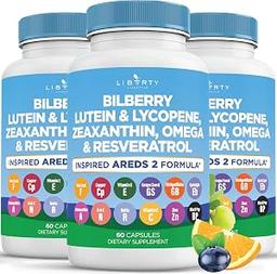 Eye Health Vitamin Bilberry, Lutein and Zeaxanthin, Lycopene, Resveratrol, Grape Seed Extract Flaxseed Astaxanthin—AREDS 2—180 Capsules