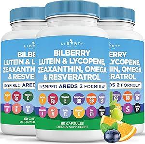 Eye Health Vitamin Bilberry, Lutein and Zeaxanthin, Lycopene, Resveratrol, Grape Seed Extract Flaxseed Astaxanthin—AREDS 2—180 Capsules product image