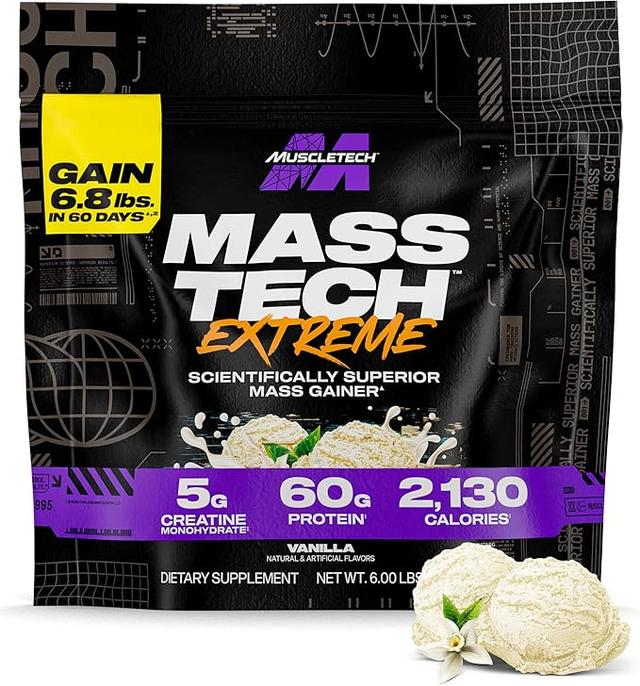 Muscletech High-Protein Mass Gainer (Vanilla Milkshake, 2.7kg / 6 lbs) - Mass Tech Extreme 2000 Mass Gainer Protein Powder Supplement - Weight Gainer for Muscle Growth, Recovery, and Strength Gains product image
