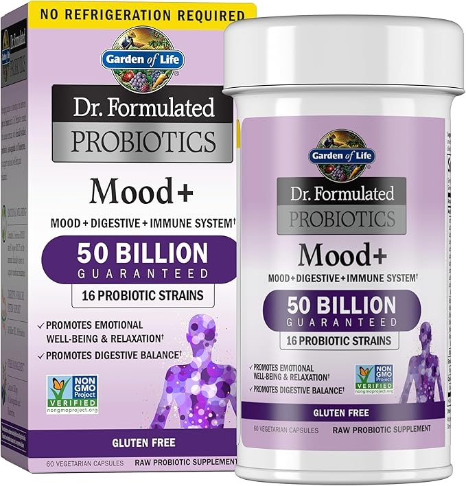 Garden of Life Probiotics Mood+ Dr Formulated Acidophilus Probiotic Supplement - Promotes Emotional Well-Being, Relaxation and Digestive Balance - Ashwagandha for Stress Management, 60 Veggie Caps product image
