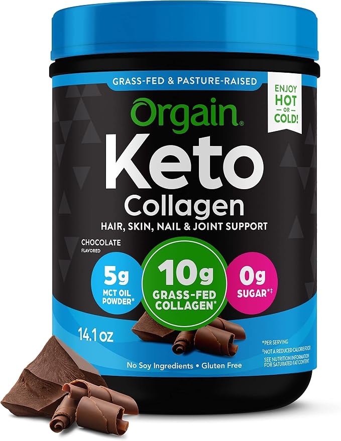 Orgain Keto Collagen Protein Powder, MCT Oil, Chocolate - Paleo Friendly, Grass Fed Hydrolyzed Collagen Peptides Type I and III, Dairy Free, Gluten Free, Soy Free, 0.4 kg (0.8 lb) (Packaging May Vary) product image