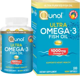 Qunol Fish Oil Omega 3 Mini Softgels, 1000mg Omega 3 EPA + DHA, Ultra Pure Supplement, Heart Health Support, Lemon Flavor, Easy-to-Swallow Mini, 3-Month Supply, 180 Count