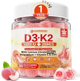 Vitamin D3 K2 Gummies 5000IU/10,000IU, Calcium 500mg + K2(MK-7) 200mcg, with Magnesium, Vitamin C & Zinc, High Potency - Best Absorption for Bones, Muscles, Teeth, Vegan, 60 Count (1 Pack)