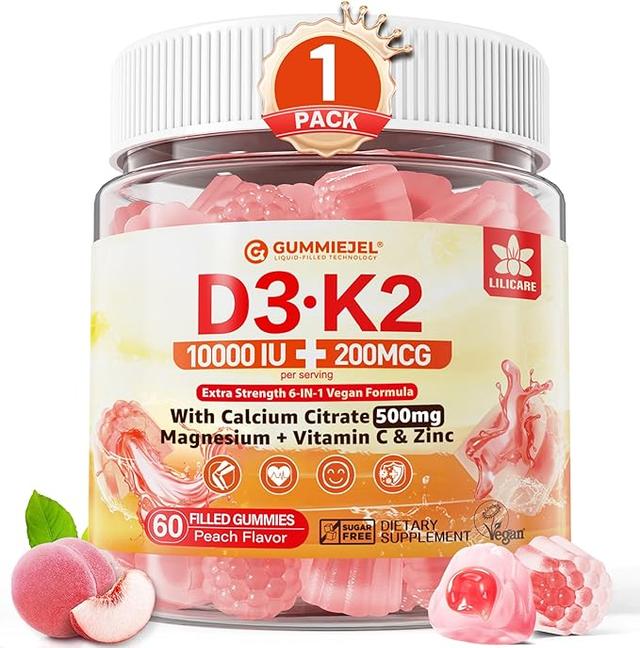Vitamin D3 K2 Gummies 5000IU/10,000IU, Calcium 500mg + K2(MK-7) 200mcg, with Magnesium, Vitamin C & Zinc, High Potency - Best Absorption for Bones, Muscles, Teeth, Vegan, 60 Count (1 Pack) product image