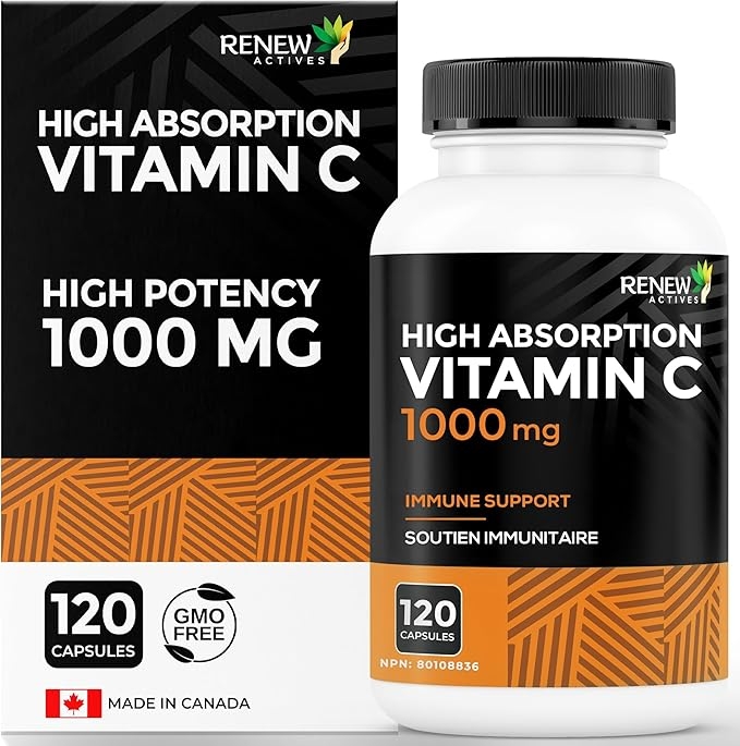 RENEW ACTIVES: Maximum Strength Vitamin C, 1000MG per Serving – Antioxidant and Immune Support for Overall Health, Bones, Teeth and Gums – Non-GMO, Sugar-Free, 4-Month Supply – Made in Canada – 120 Capsules product image