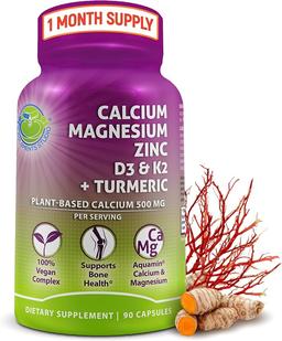 Plant-Based Calcium 500mg (Aquamin) - Vegan Calcium Magnesium Zinc D3, Vitamin K2 and Organic Turmeric - Bone and Muscle Health and Strength Support, Women's and Men's Immune Support - 90 Tablets