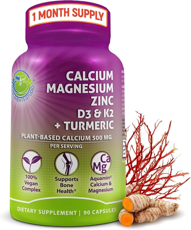 Plant-Based Calcium 500mg (Aquamin) - Vegan Calcium Magnesium Zinc D3, Vitamin K2 and Organic Turmeric - Bone and Muscle Health and Strength Support, Women's and Men's Immune Support - 90 Tablets product image
