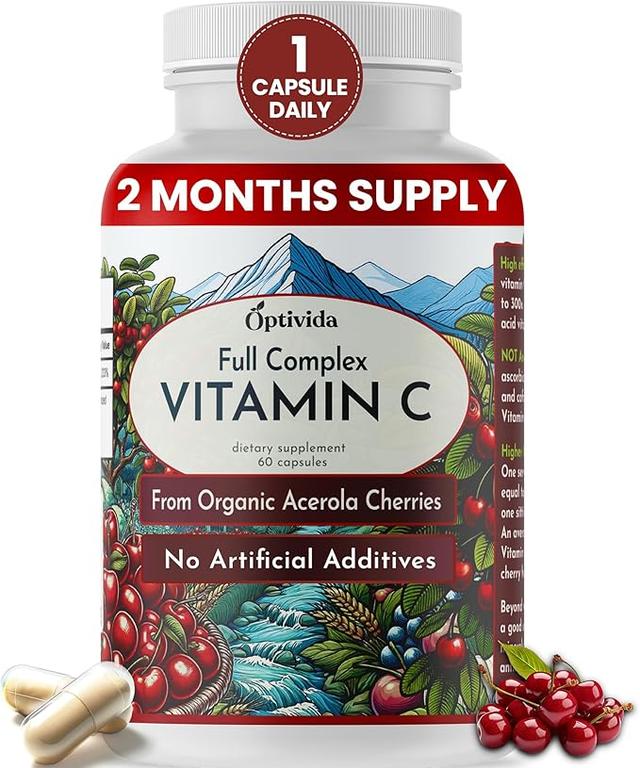 OPTIVIDA Plant-Based Natural Acerola Cherry Vitamin C Capsules | 60 Count | Organic Vitamin C | Non-Ascorbic Acid Vegan Supplement for Immune Support, Healthy Skin and Joints product image