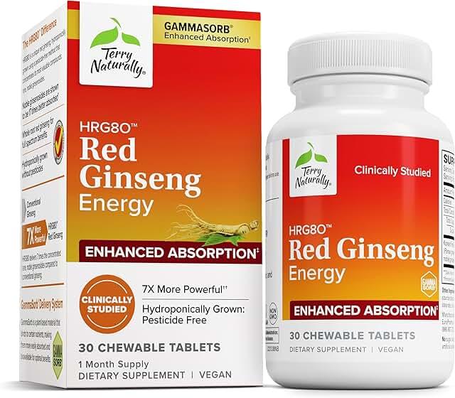 Terry Naturally HRG80 Red Ginseng Energy - Healthy Energy and Focus Support - Herbal Supplement with Korean Red Ginseng Root Powder - Vegan Tablets Supporting Healthy Endurance - Chewable Tablets, 30 Count product image